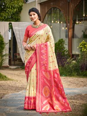cream printed pochampalli soft silk blend casual saree with blouse 1