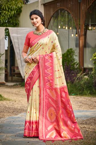 cream printed pochampalli soft silk blend casual saree with blouse