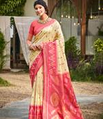 cream printed pochampalli soft silk blend casual saree with blouse