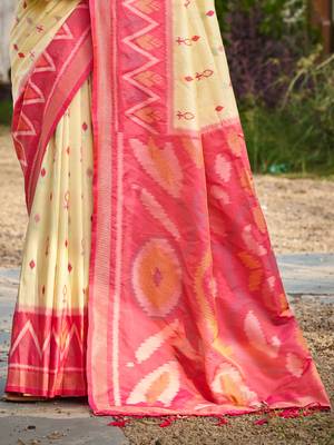 cream printed pochampalli soft silk blend casual saree with blouse 3