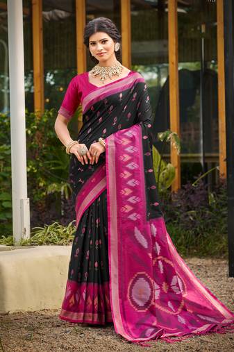 black printed pochampalli soft silk blend casual saree with blouse