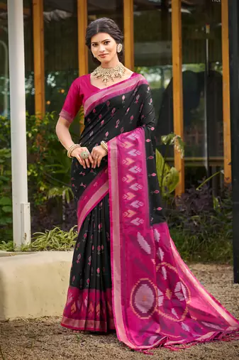 black printed pochampalli soft silk blend casual saree with blouse