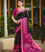black printed pochampalli soft silk blend casual saree with blouse