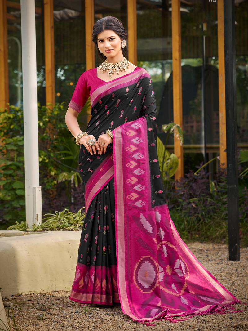 black printed pochampalli soft silk blend casual saree with blouse