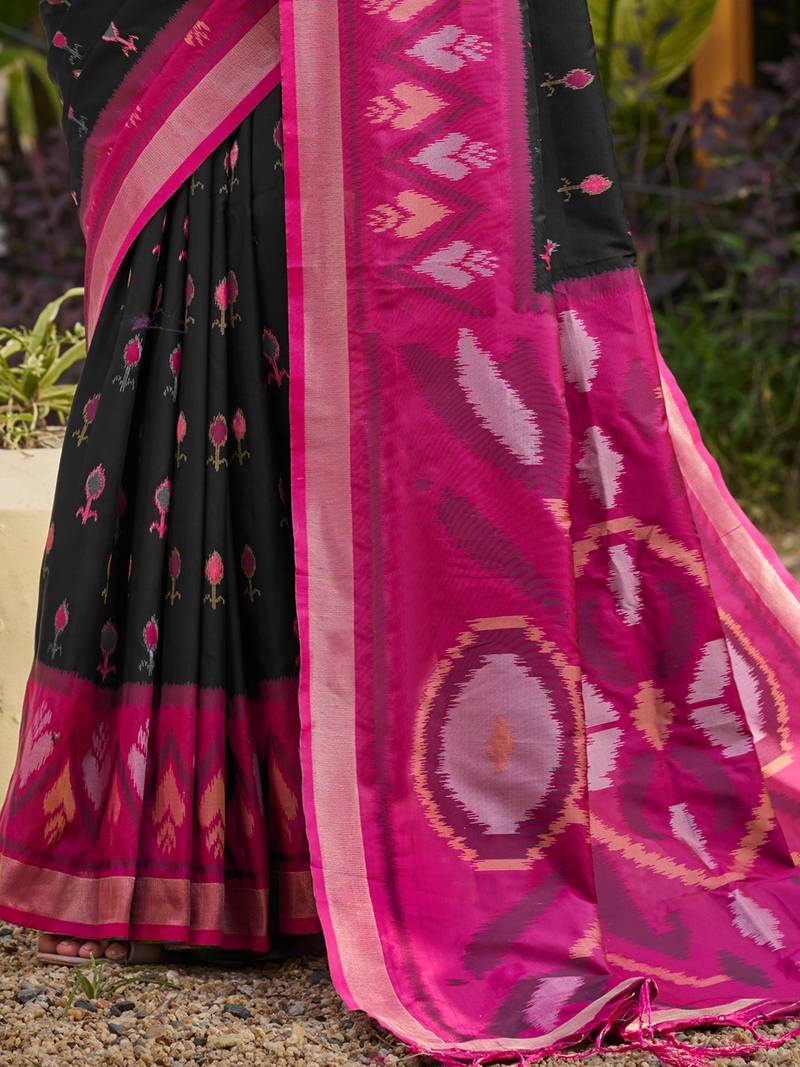 black printed pochampalli soft silk blend casual saree with blouse