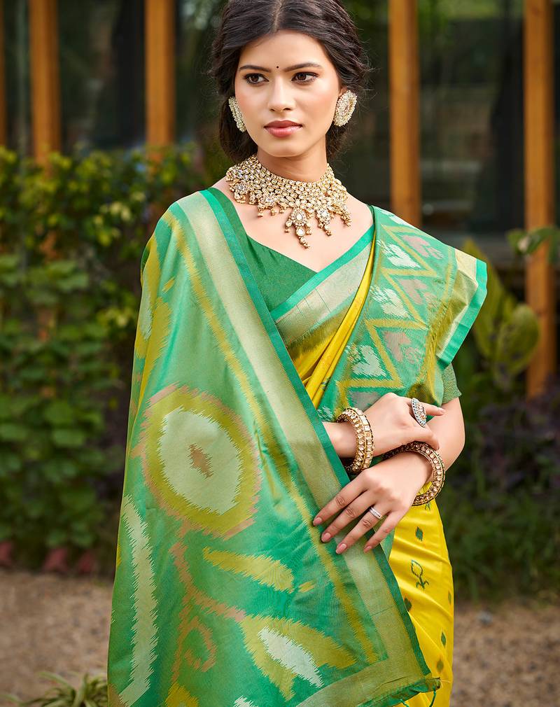 yellow printed pochampalli soft silk blend casual saree with blouse