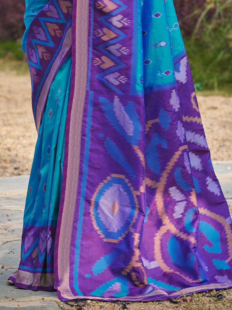 blue printed pochampalli soft silk blend casual saree with blouse