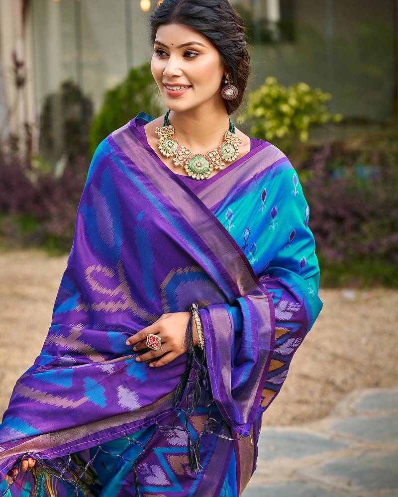 blue printed pochampalli soft silk blend casual saree with blouse