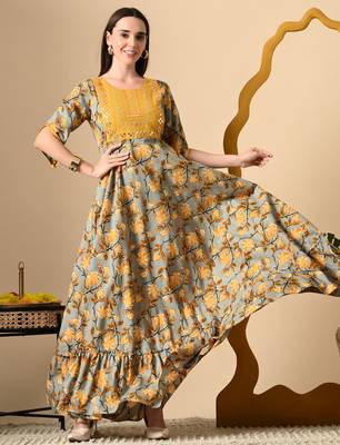 multicolor embroidered on yoke viscose rayon anarkali long kurtis 1