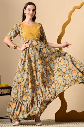 multicolor embroidered on yoke viscose rayon anarkali long kurtis