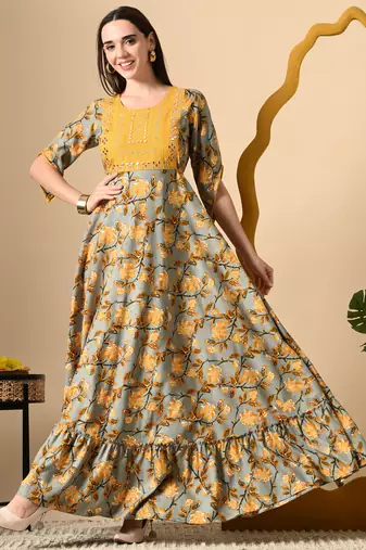 multicolor embroidered on yoke viscose rayon anarkali long kurtis