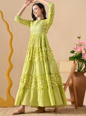 light green embroidered on yoke viscose rayon anarkali long kurtis 1