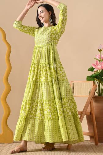 light green embroidered on yoke viscose rayon anarkali long kurtis