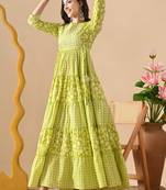 light green embroidered on yoke viscose rayon anarkali long kurtis