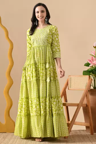 light green embroidered on yoke viscose rayon anarkali long kurtis