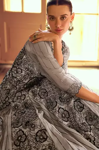 grey georgette wedding gowns-Full Stitched Free size