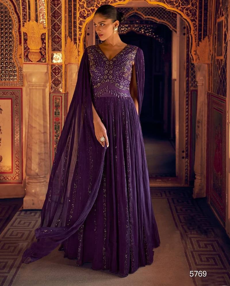 Purple georgette full stitched wedding gowns- Full stitched free size 