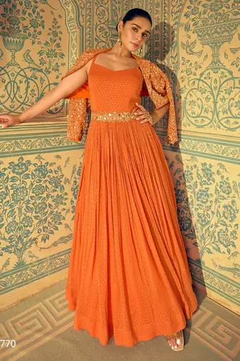 Orange silk full stitched wedding gowns - Full stitched free size