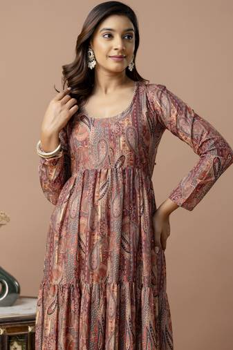 brown printed viscose rayon anarkali long kurtis