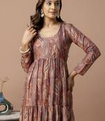 brown printed viscose rayon anarkali long kurtis