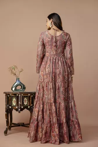 brown printed viscose rayon anarkali long kurtis