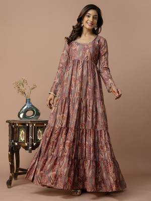 brown printed viscose rayon anarkali long kurtis 3