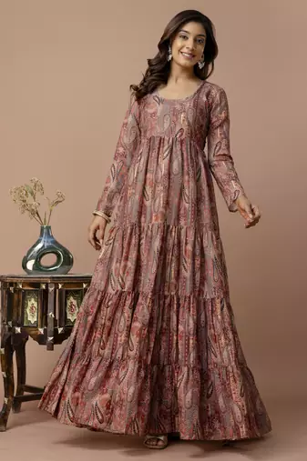brown printed viscose rayon anarkali long kurtis