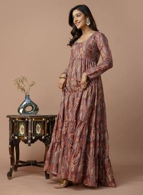 brown printed viscose rayon anarkali long kurtis 4