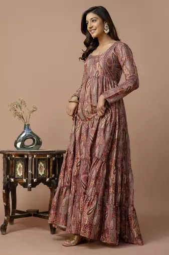 brown printed viscose rayon anarkali long kurtis