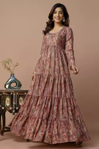 brown printed viscose rayon anarkali long kurtis
