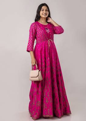 ftDiva Pink ikat Print Embroidered rayon anarkali kurti ( Kurti for women, Wedding dress,Women gowns, Dress for women ) 1