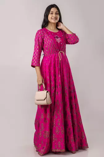 fuchsia ikat printed viscose rayon anarkali long kurtis