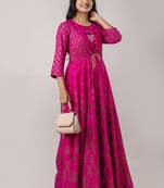 ftDiva Pink ikat Print Embroidered rayon anarkali kurti ( Kurti for women, Wedding dress,Women gowns, Dress for women )