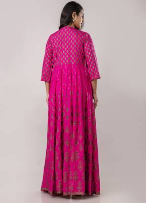 ftDiva Pink ikat Print Embroidered rayon anarkali kurti ( Kurti for women, Wedding dress,Women gowns, Dress for women ) 2
