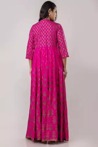 ftDiva Pink ikat Print Embroidered rayon anarkali kurti ( Kurti for women, Wedding dress,Women gowns, Dress for women )