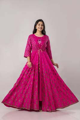 ftDiva Pink ikat Print Embroidered rayon anarkali kurti ( Kurti for women, Wedding dress,Women gowns, Dress for women ) 3