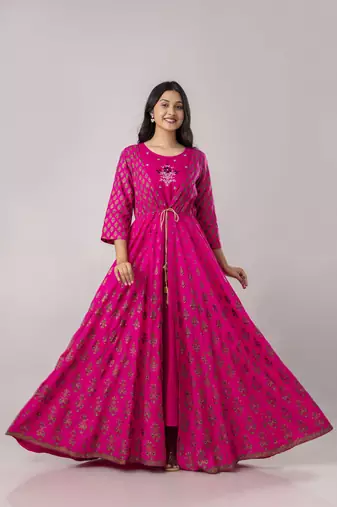 ftDiva Pink ikat Print Embroidered rayon anarkali kurti ( Kurti for women, Wedding dress,Women gowns, Dress for women )
