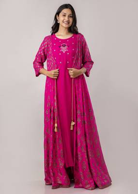 ftDiva Pink ikat Print Embroidered rayon anarkali kurti ( Kurti for women, Wedding dress,Women gowns, Dress for women ) 4