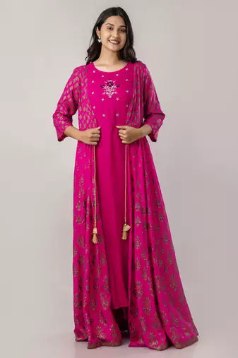ftDiva Pink ikat Print Embroidered rayon anarkali kurti ( Kurti for women, Wedding dress,Women gowns, Dress for women )