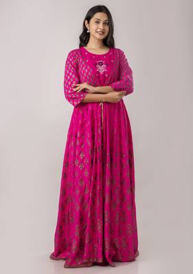 ftDiva Pink ikat Print Embroidered rayon anarkali kurti ( Kurti for women, Wedding dress,Women gowns, Dress for women ) 5