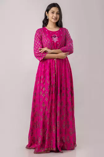 ftDiva Pink ikat Print Embroidered rayon anarkali kurti ( Kurti for women, Wedding dress,Women gowns, Dress for women )