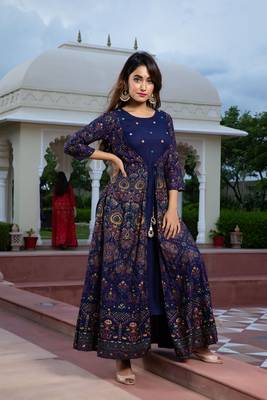 blue printed viscose rayon frontslit anarkali long kurtis 1