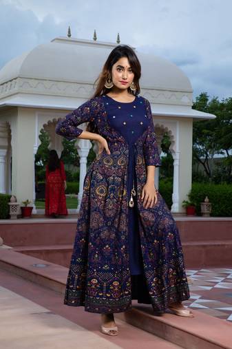 blue printed viscose rayon frontslit anarkali long kurtis