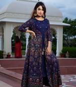 blue printed viscose rayon frontslit anarkali long kurtis