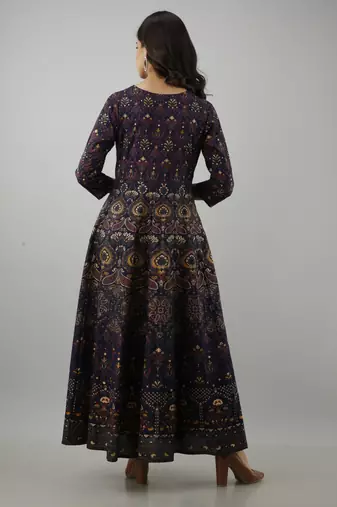 blue printed viscose rayon frontslit anarkali long kurtis