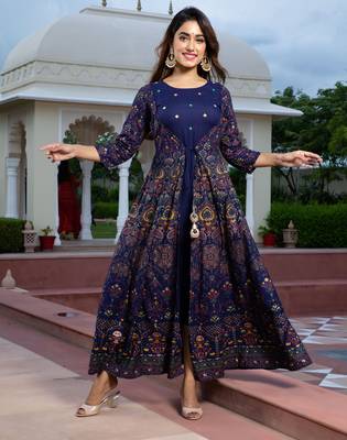 blue printed viscose rayon frontslit anarkali long kurtis 3