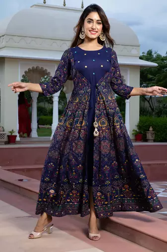 blue printed viscose rayon frontslit anarkali long kurtis