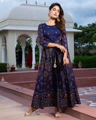 blue printed viscose rayon frontslit anarkali long kurtis 4