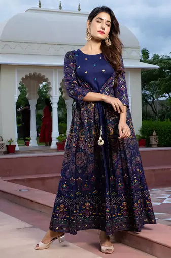 blue printed viscose rayon frontslit anarkali long kurtis