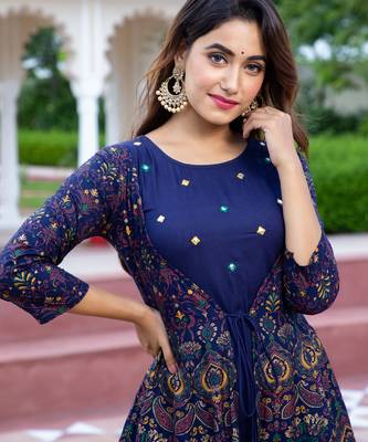 blue printed viscose rayon frontslit anarkali long kurtis 5